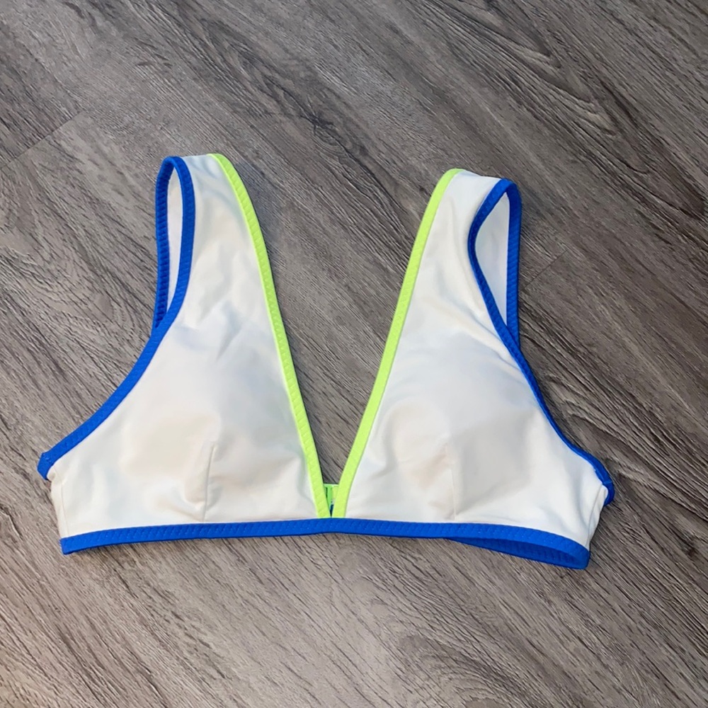 aerie White Bikini Top with Blue and Neon Green Trim